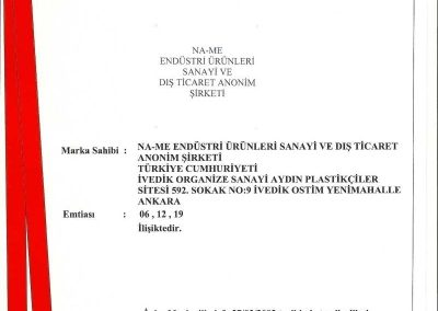 NA-ME trademark registration certificate