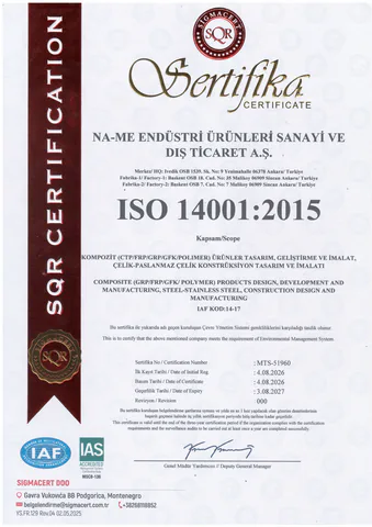 NA-ME Endüstri ISO 14001:2015 environmental management system certificate