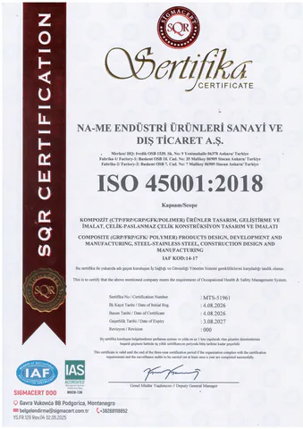 NA-ME Endüstri ISO 45001:2018 occupational health and safety management system certificate