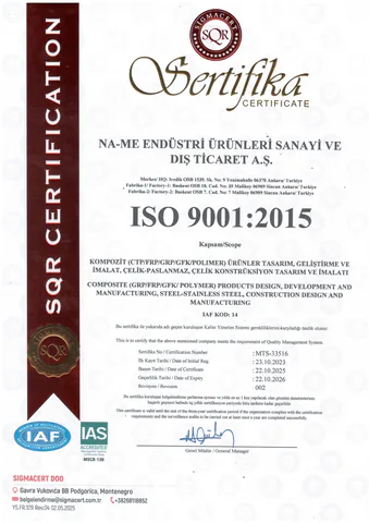 NA-ME Endüstri ISO 9001:2015 quality management system certificate