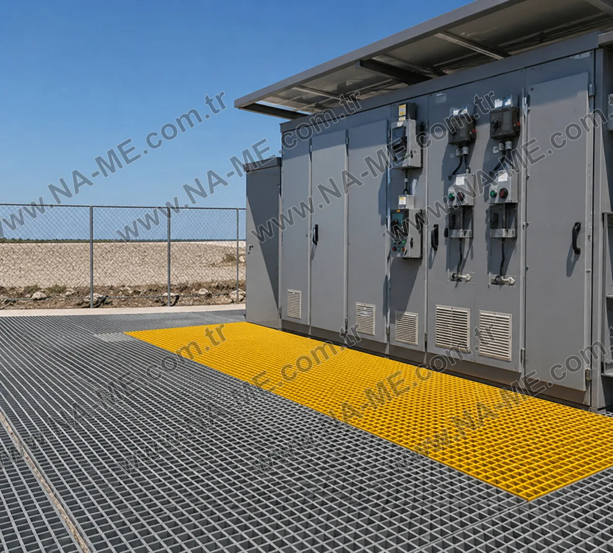 Açık saha elektrik panosu çevresinde sarı CTP ızgara platform