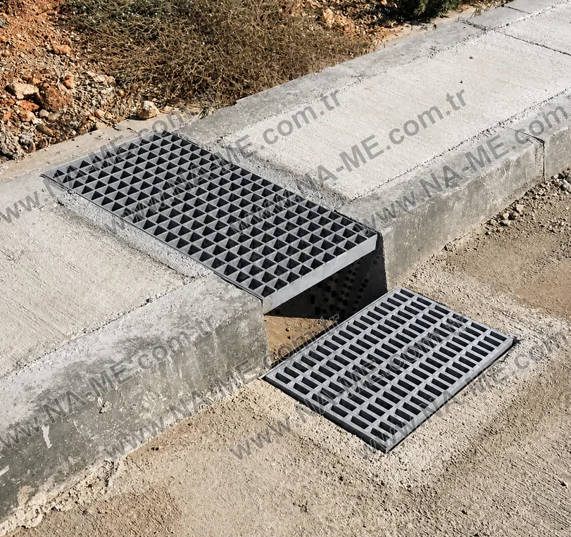 Menhol ve drenaj kanalının üzerinde CTP ızgara