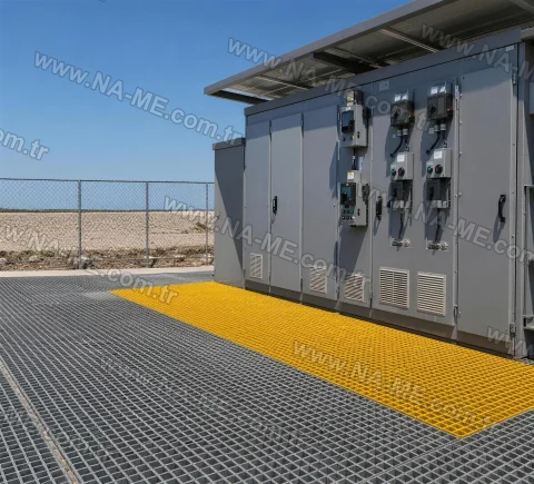 Yellow grating walkway by an outdoor electrical panel