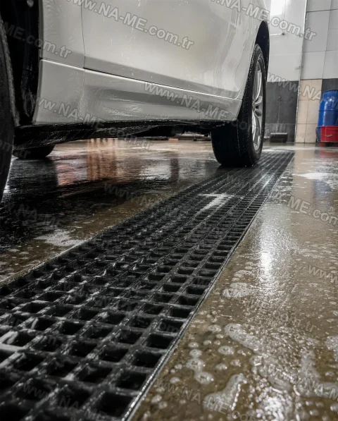 FRP grating in a car wash channel