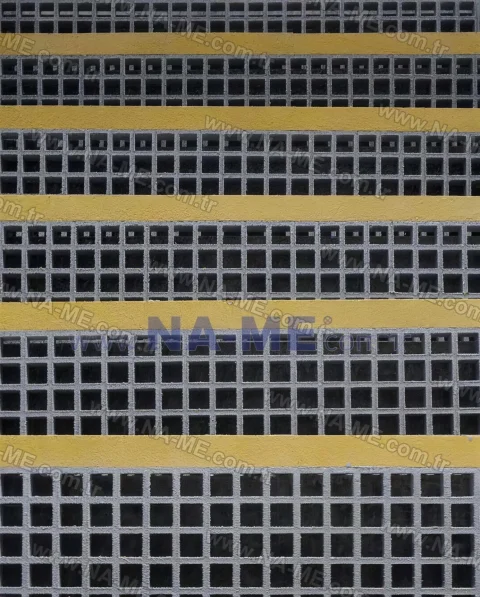 Close-up of a grating stair nosing