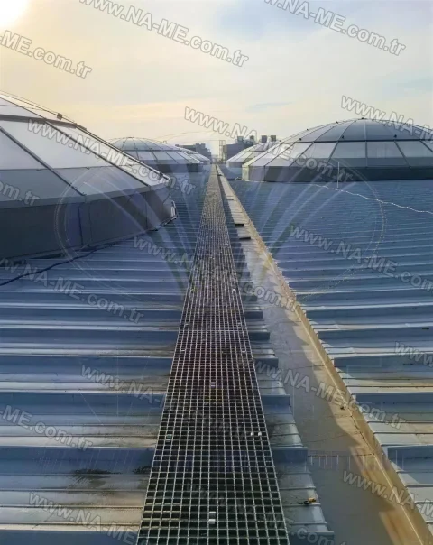 Maintenance walkway between skylights on a roof ridge