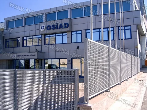 FRP grating fence panels in front of a building