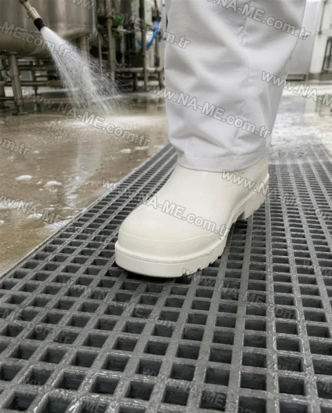Anti-slip FRP trench grating in a food plant