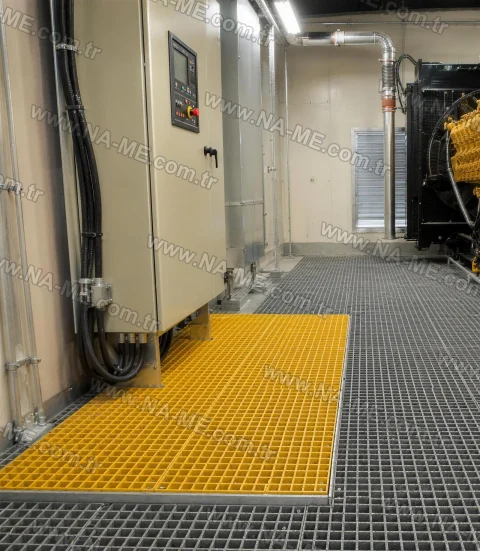 Insulating FRP grating platform in a generator room