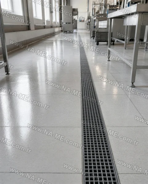 Indoor polymer concrete channel installation