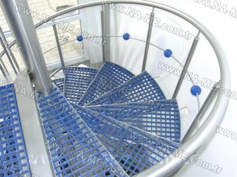 Blue FRP stair treads on a spiral staircase