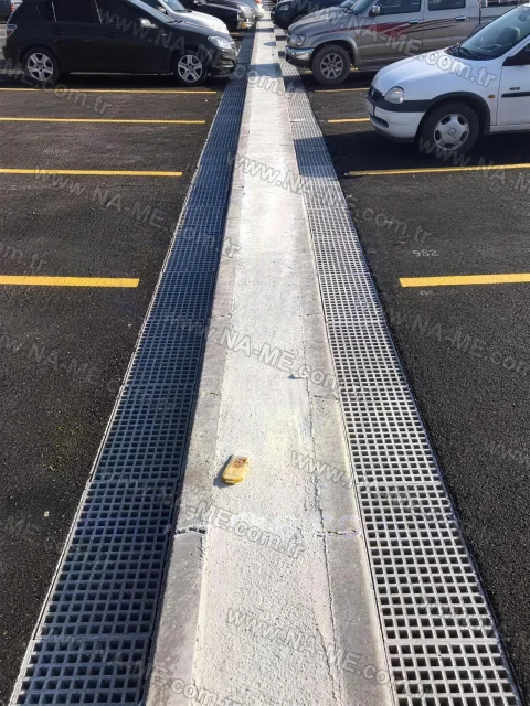Double-row FRP trench grating in a parking lot