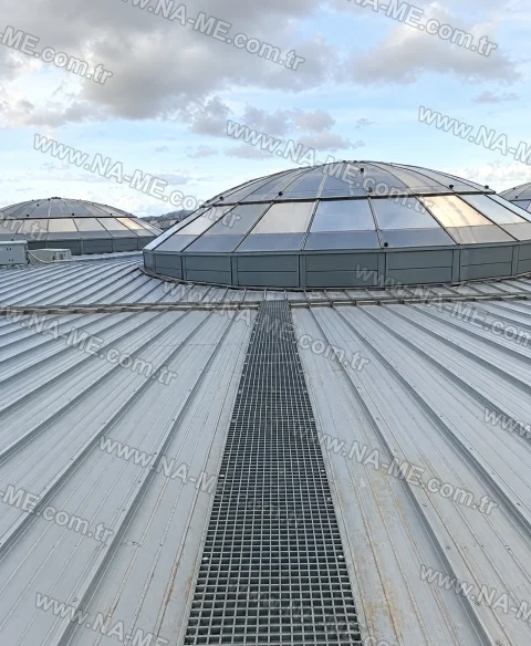 FRP grating walkway leading to roof skylight domes